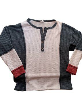 Bibi Colorblock Top Medium Waffle-Knit Long Sleeve Henley Festival Oversize